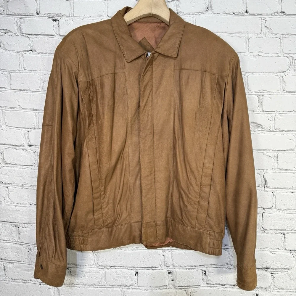 Vintage Remy‎ Mens Size 44 Leather Bomber Jacket Camel Brown Butter Soft Zip USA